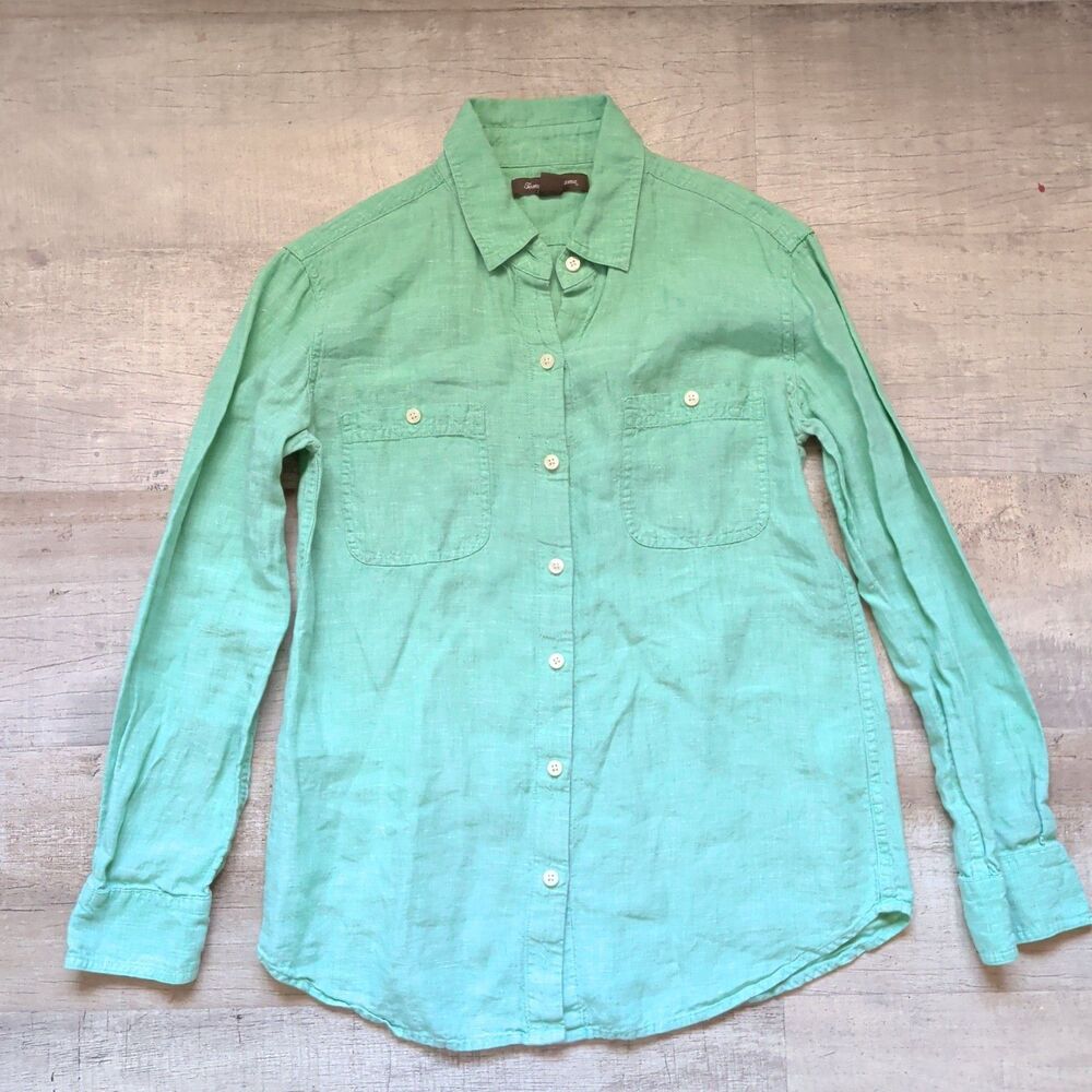 Tommy Bahama Green 100% Linen Long Sleeve Button Down Shirt Top Women's XS